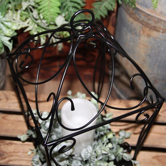 Black Open Wrought Iron Lantern w/LED Candle & Eucalyptus Candle Ring Wreath - Picture 7 of 10